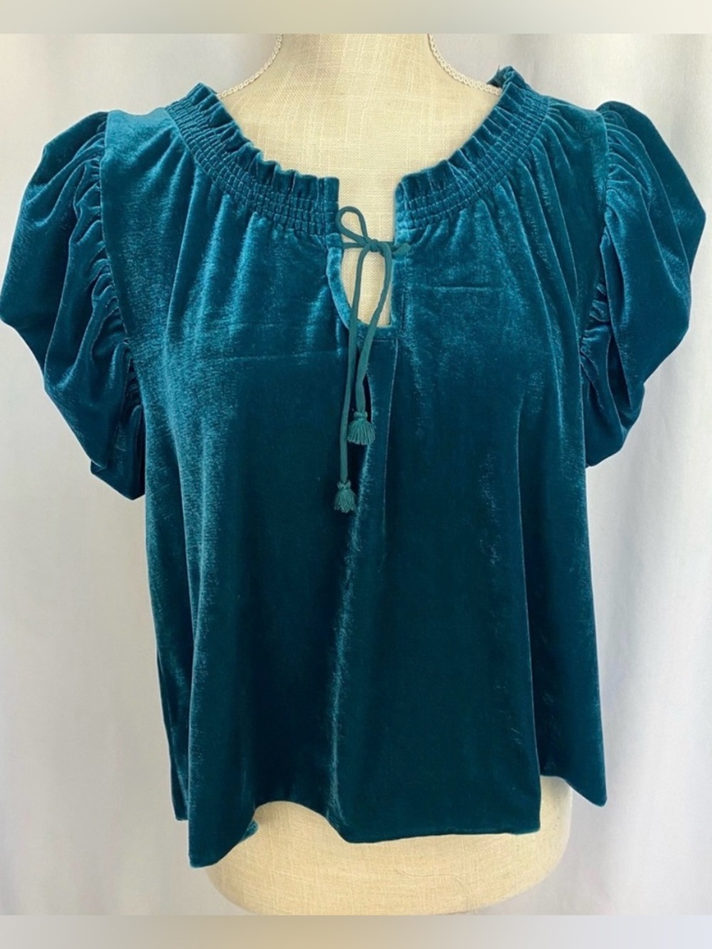 Free People Terese Velvet Top Size Small Teal Blue Puff Sleeve Boho Blouse